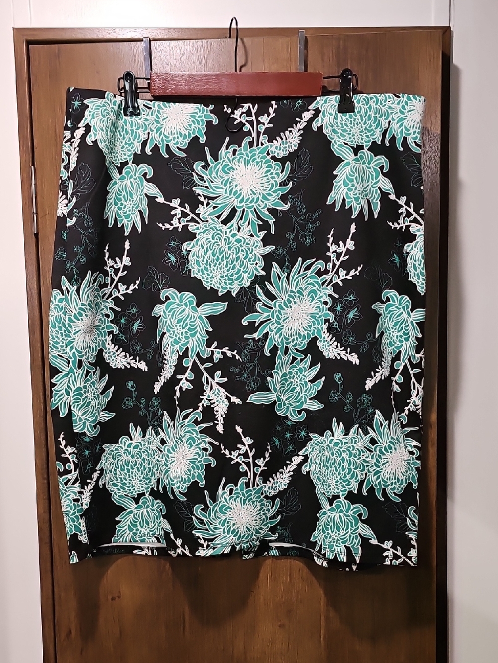 Black Pencil Skirt with Teal Floral Print